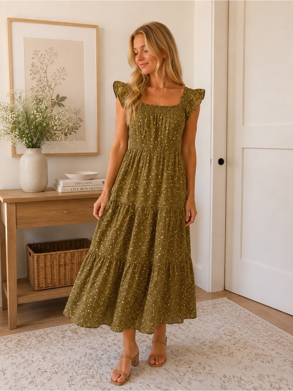 Madewell Olive Green Floral Tiered Midi Dress